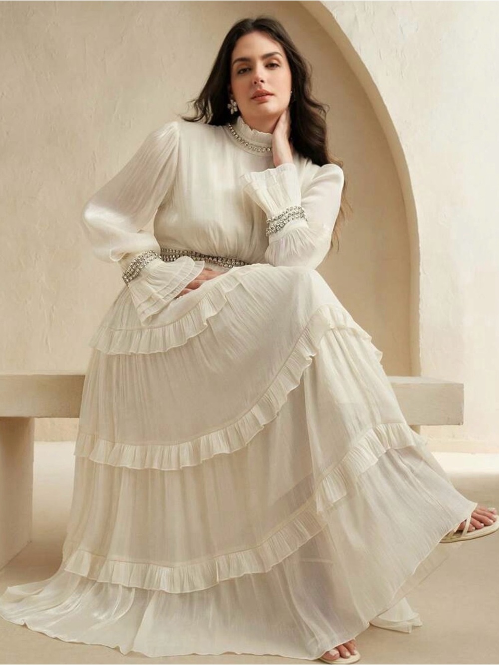 Elegant Cream Ruffled Long-Sleeve Maxi Dress